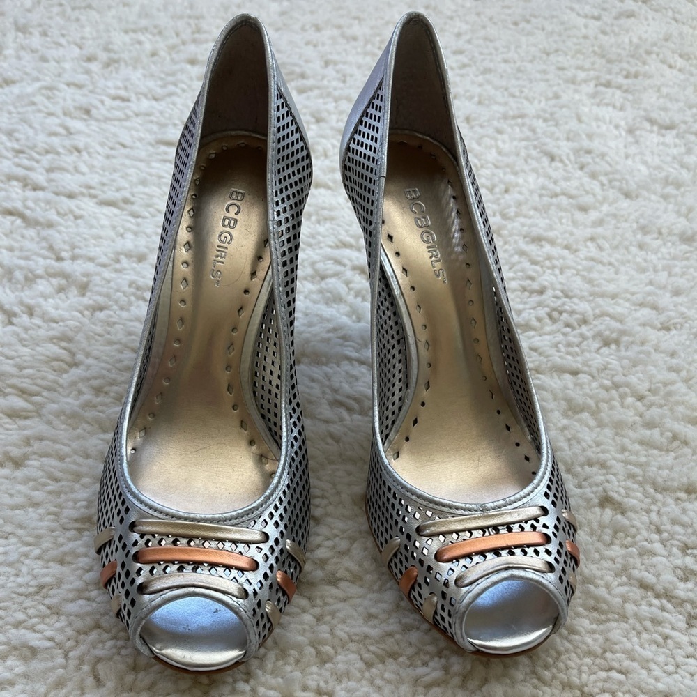 Bcbgirls silver peep toe pumps